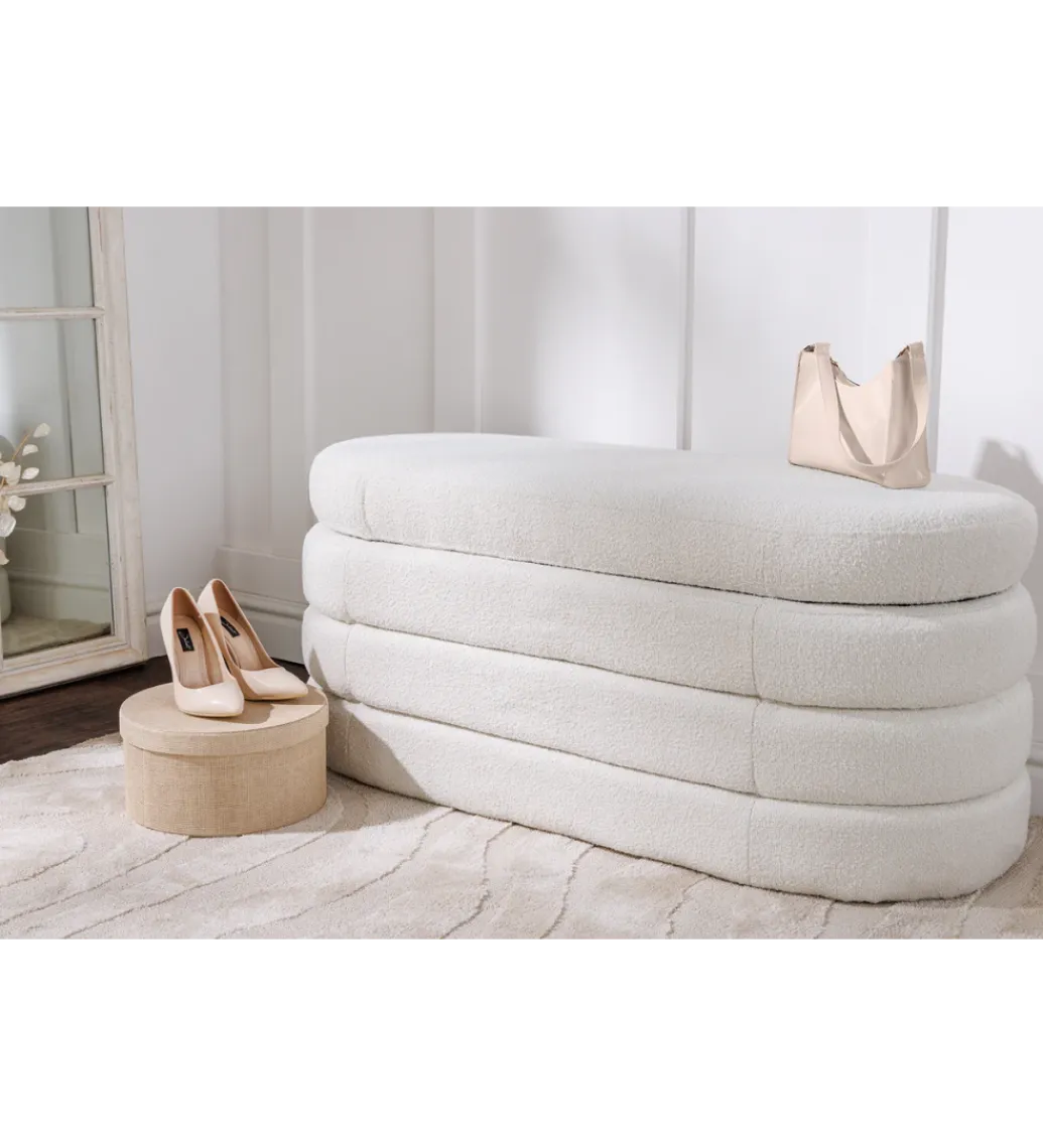 Invicta Interior Ławka VOQUE 115 cm z pojemnikiem Bouclé kremowo biała