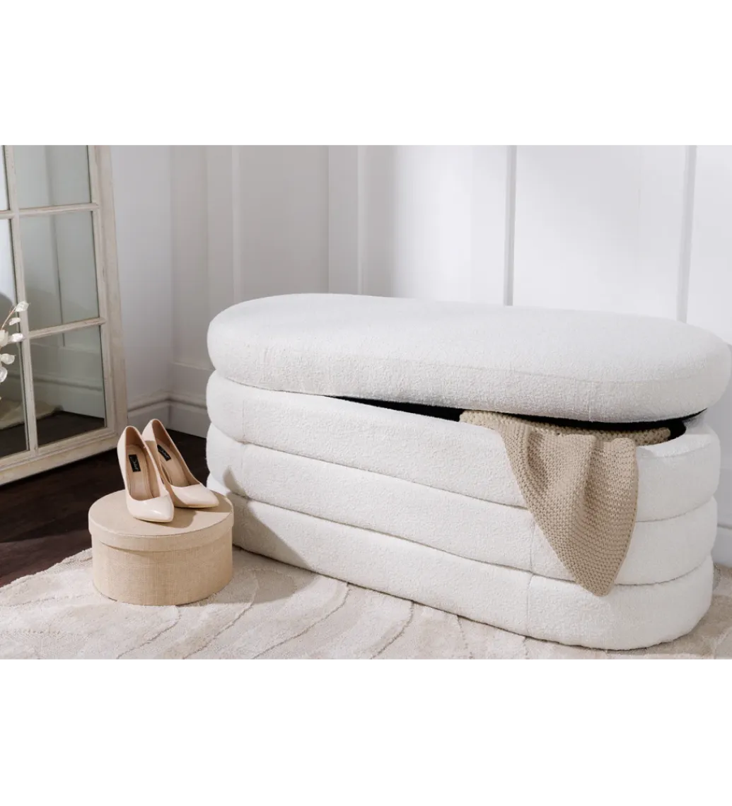 Invicta Interior Ławka VOQUE 115 cm z pojemnikiem Bouclé kremowo biała