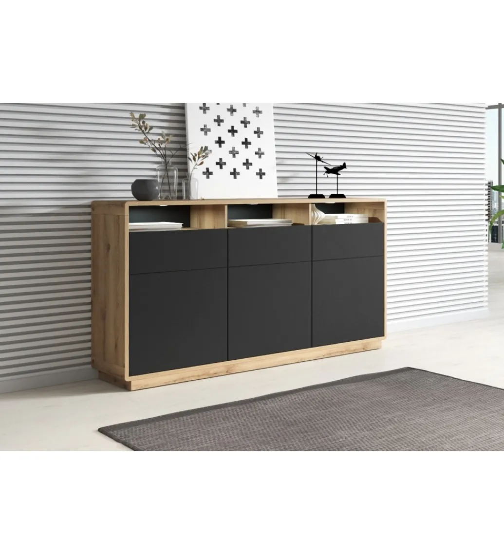 Helvetia Komoda ASTON 180 cm czarna z dodatkiem koloru dąb Taurus