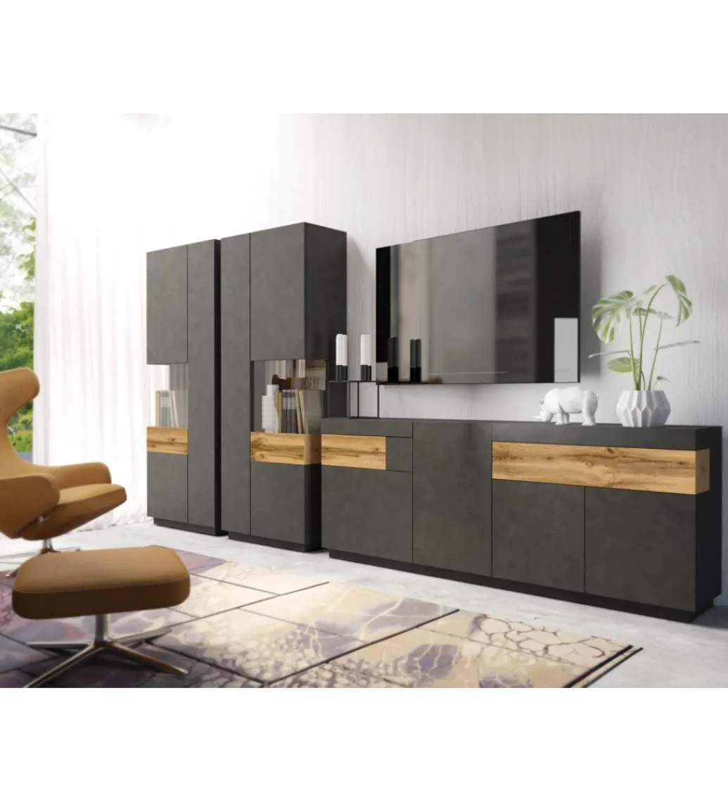 Helvetia Komoda SILKE 150 Cm Antracytowa z dodatkiem koloru Dąb Wotan