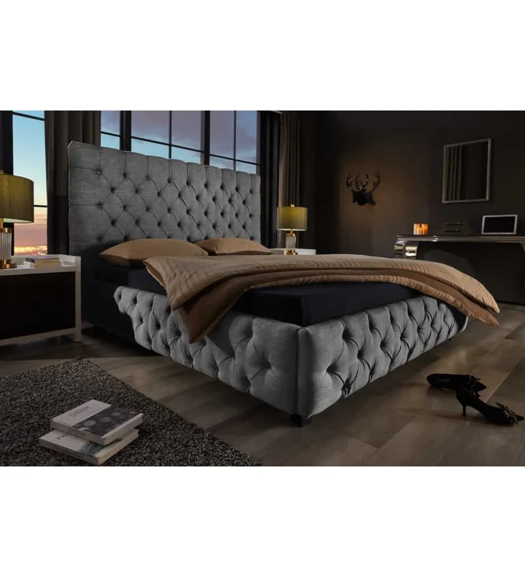 Invicta Interior Łóżko tapicerowane PARIS CHESTERFIELD 180 cm x 200 cm Szare lniane