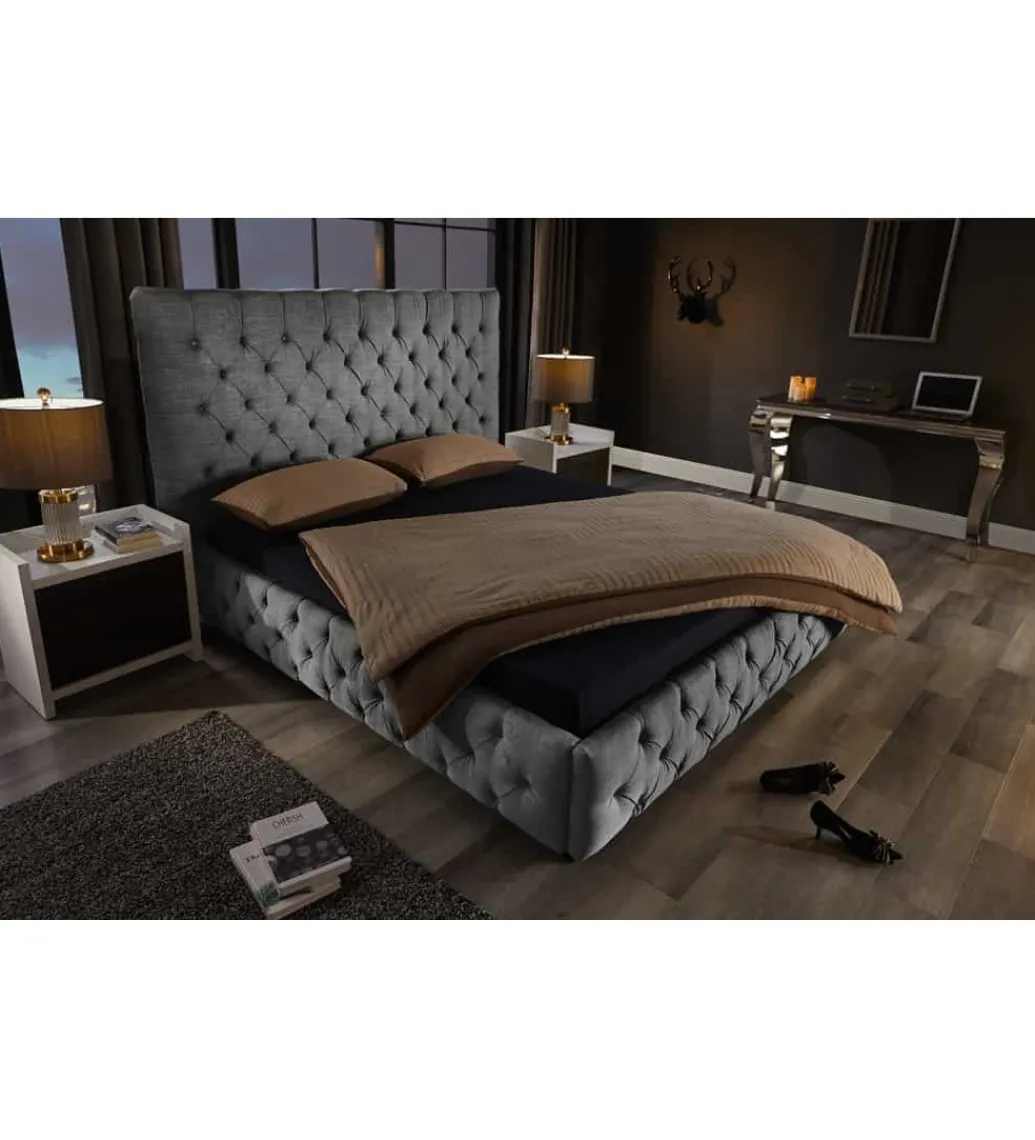 Invicta Interior Łóżko tapicerowane PARIS CHESTERFIELD 180 cm x 200 cm Szare lniane