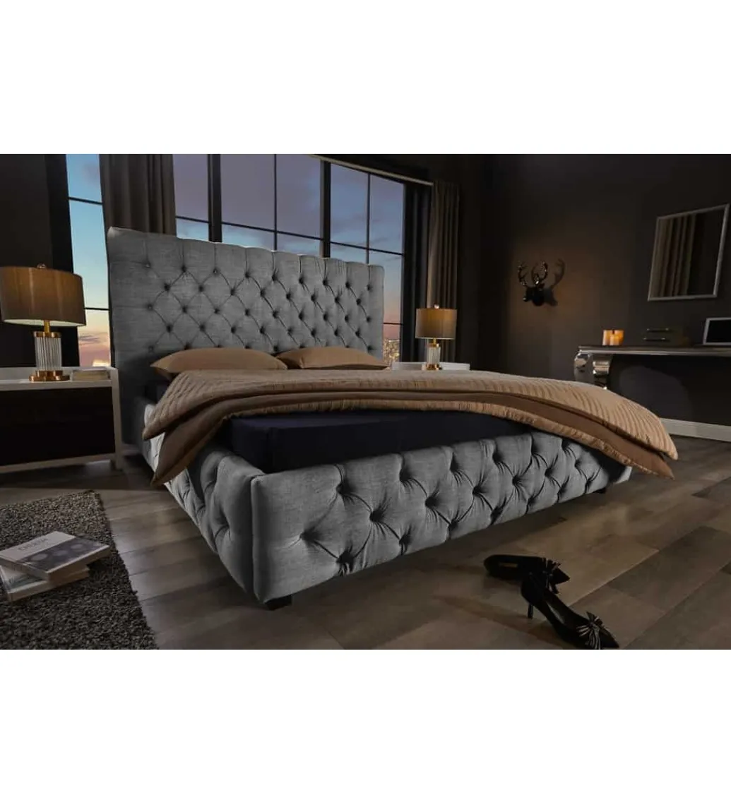 Invicta Interior Łóżko tapicerowane PARIS CHESTERFIELD 180 cm x 200 cm Szare lniane