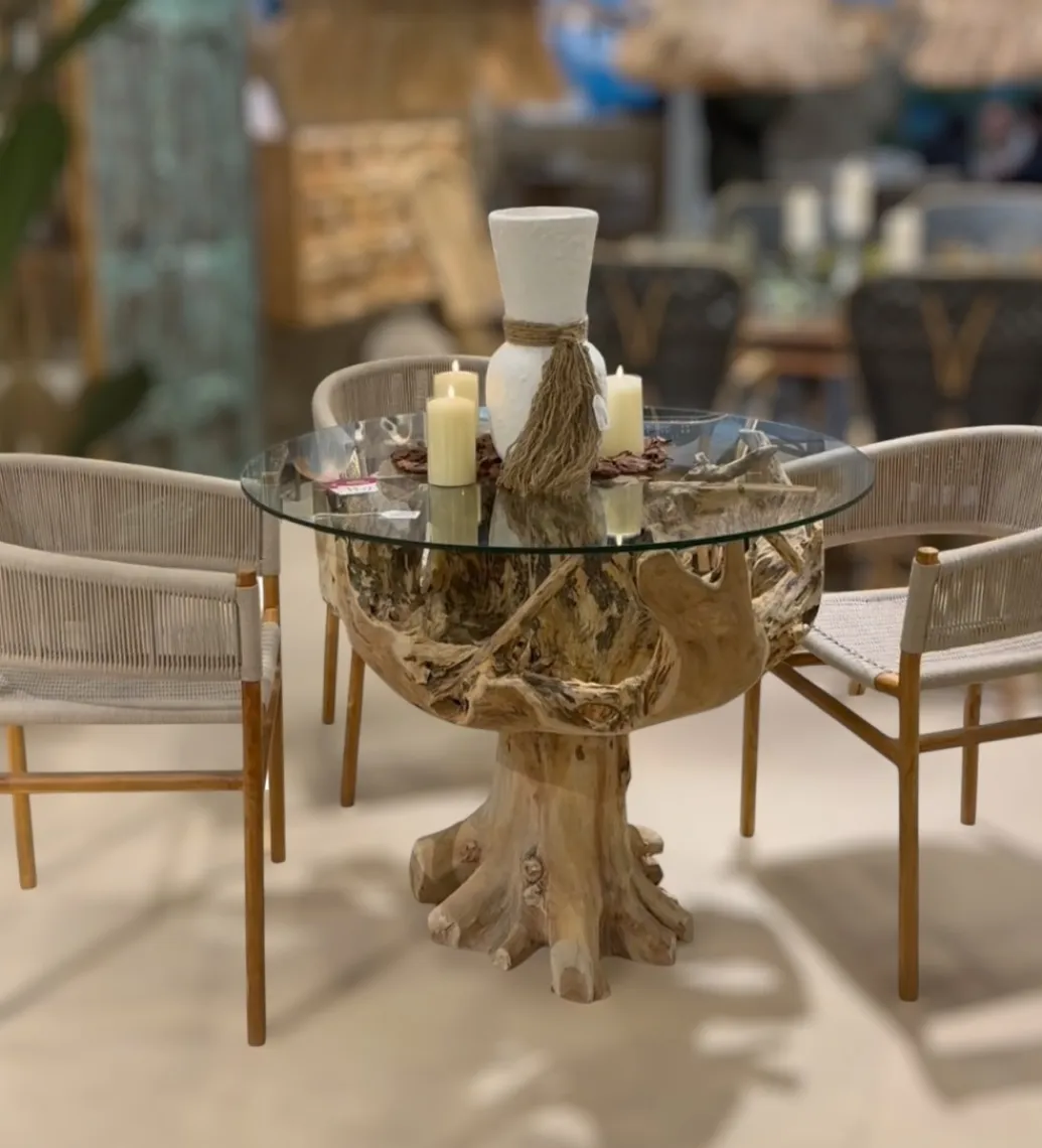 RW Stół AKWABA 80 cm drewno teak szkło