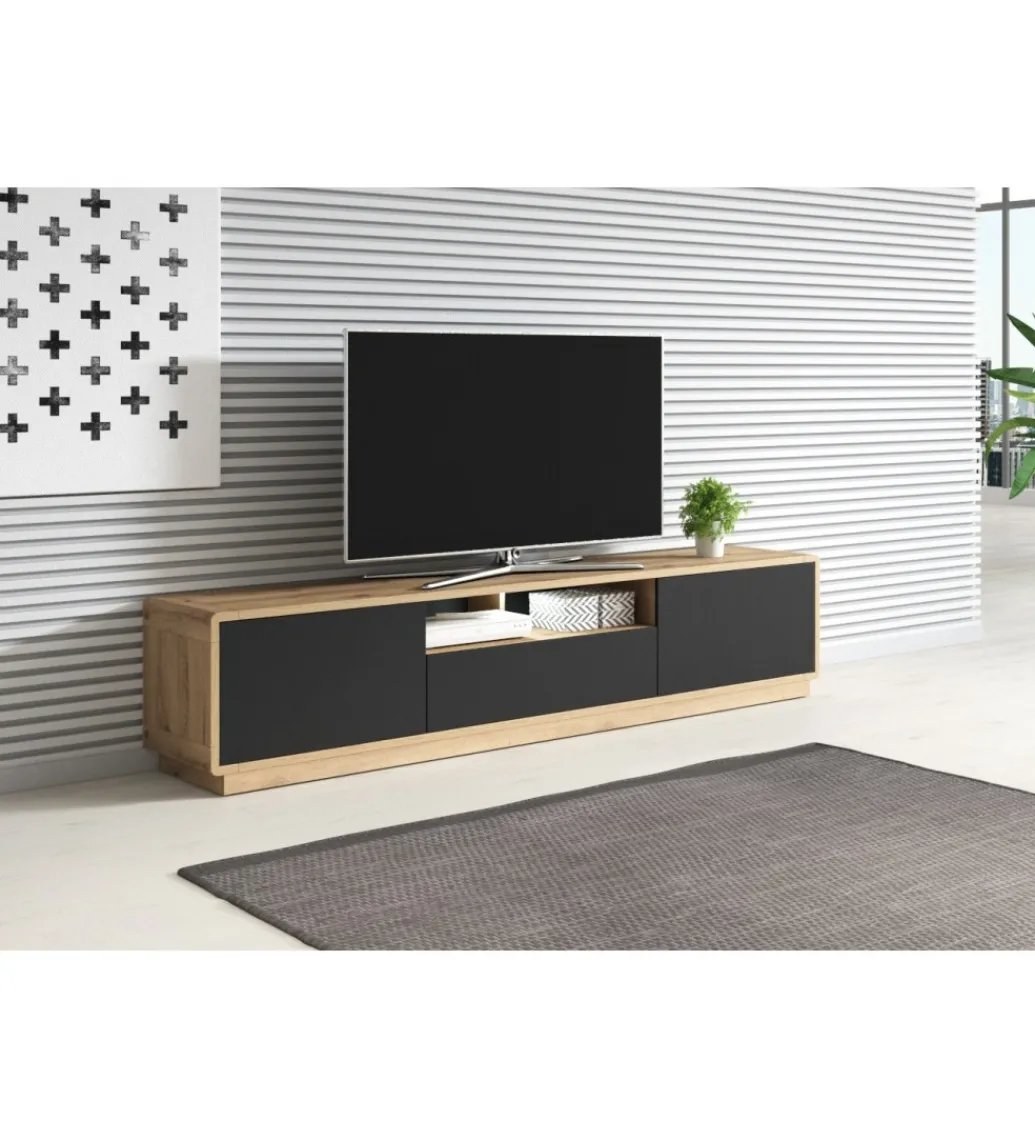 Helvetia Stolik pod TV ASTON 200 cm czarny z dodatkiem koloru dąb Taurus