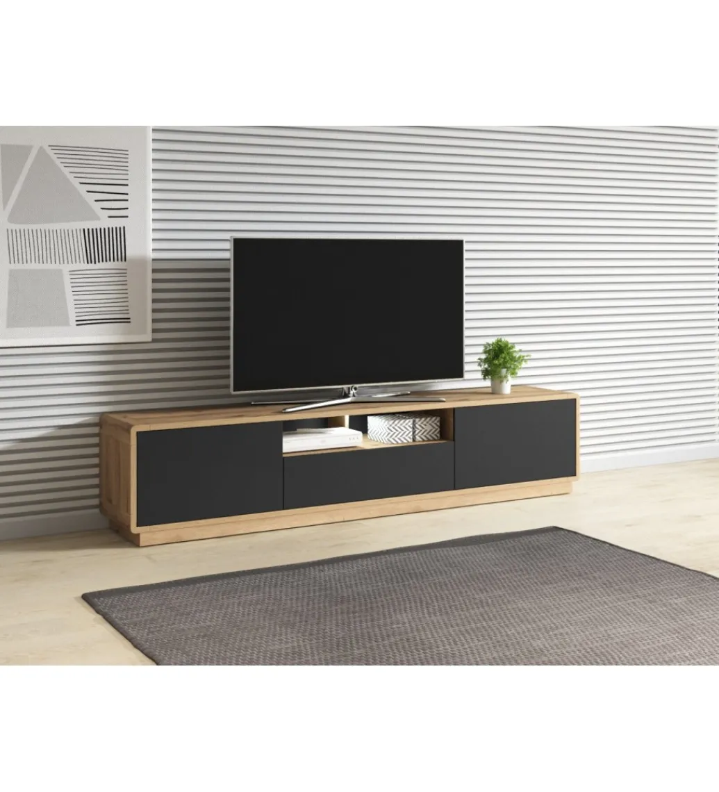 Helvetia Stolik pod TV ASTON 200 cm czarny z dodatkiem koloru dąb Taurus