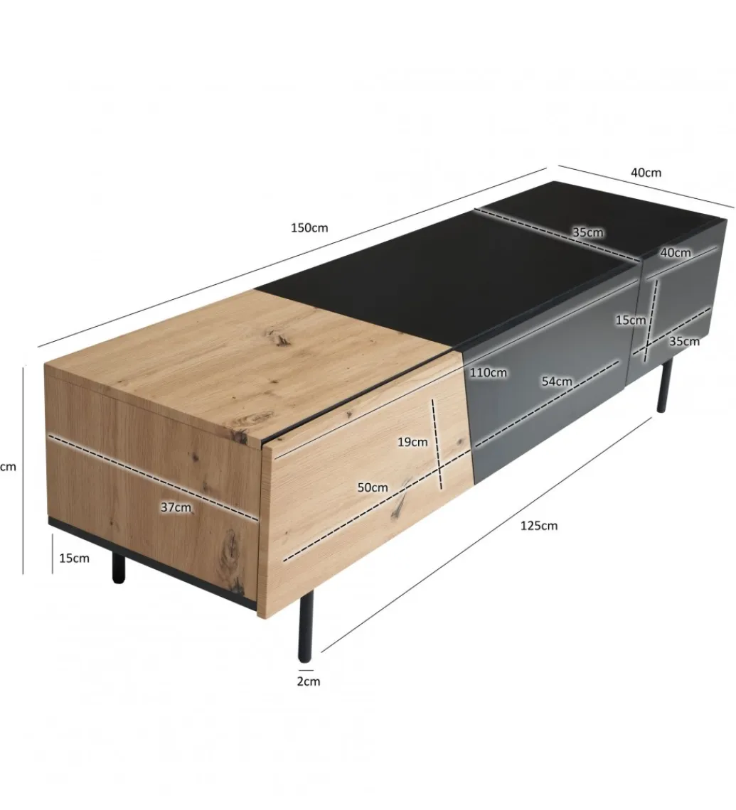 WOHNLING, GERMANY Stolik pod TV BONNA 150 cm czarna z optyką dębu