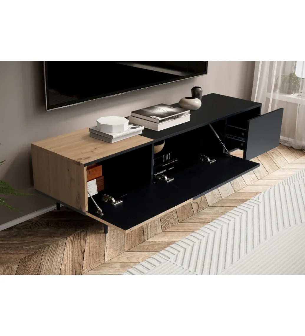 WOHNLING, GERMANY Stolik pod TV BONNA 150 cm czarna z optyką dębu