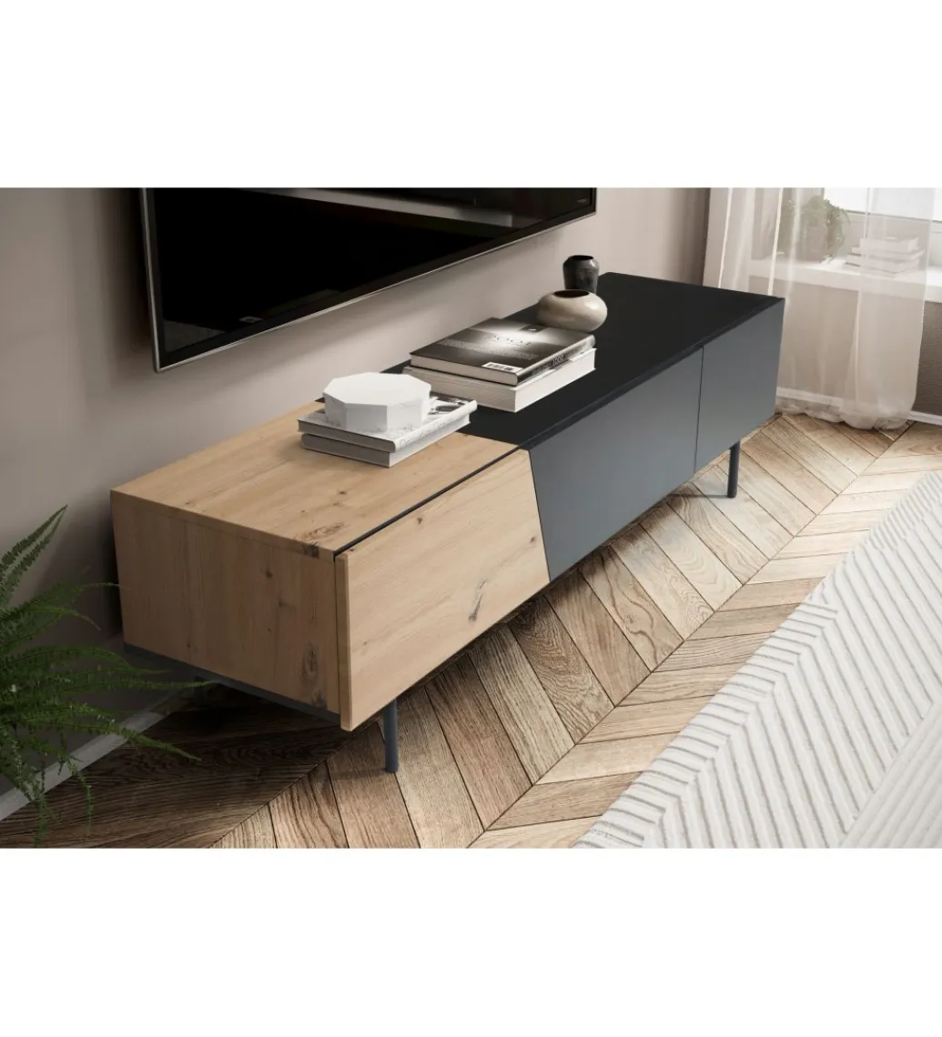 WOHNLING, GERMANY Stolik pod TV BONNA 150 cm czarna z optyką dębu