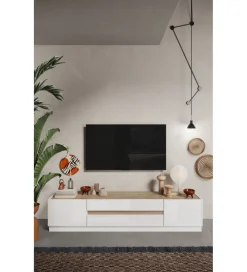 MCA Linia Włoska Stolik pod TV FANTASY 205 cm biały z dodatkiem koloru dąb Cadiz