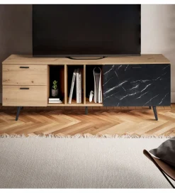WOHNLING, GERMANY Stolik pod TV MELIOR III150 cm w kolorze dąb z dodatkiem optyki marmuru