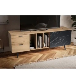WOHNLING, GERMANY Stolik pod TV MELIOR III150 cm w kolorze dąb z dodatkiem optyki marmuru