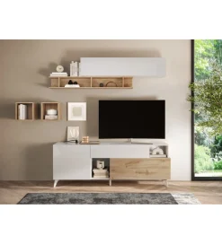 MCA Linia Włoska Stolik pod TV MONACO 181 cm biały z dodatkiem dąb Cadiz
