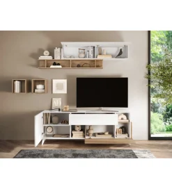 MCA Linia Włoska Stolik pod TV MONACO 181 cm biały z dodatkiem dąb Cadiz