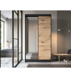 ELTAP Szafa przesuwna  II 120 cm z lustrem w optyce Dąb artisan/Czarny mat